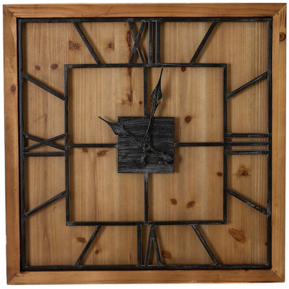 Wooden wall clock with black metal frame and Roman numeral hour markers