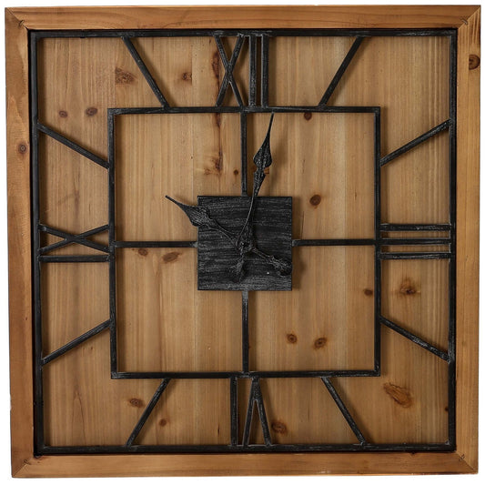 Wooden wall clock with black metal frame and Roman numeral hour markers