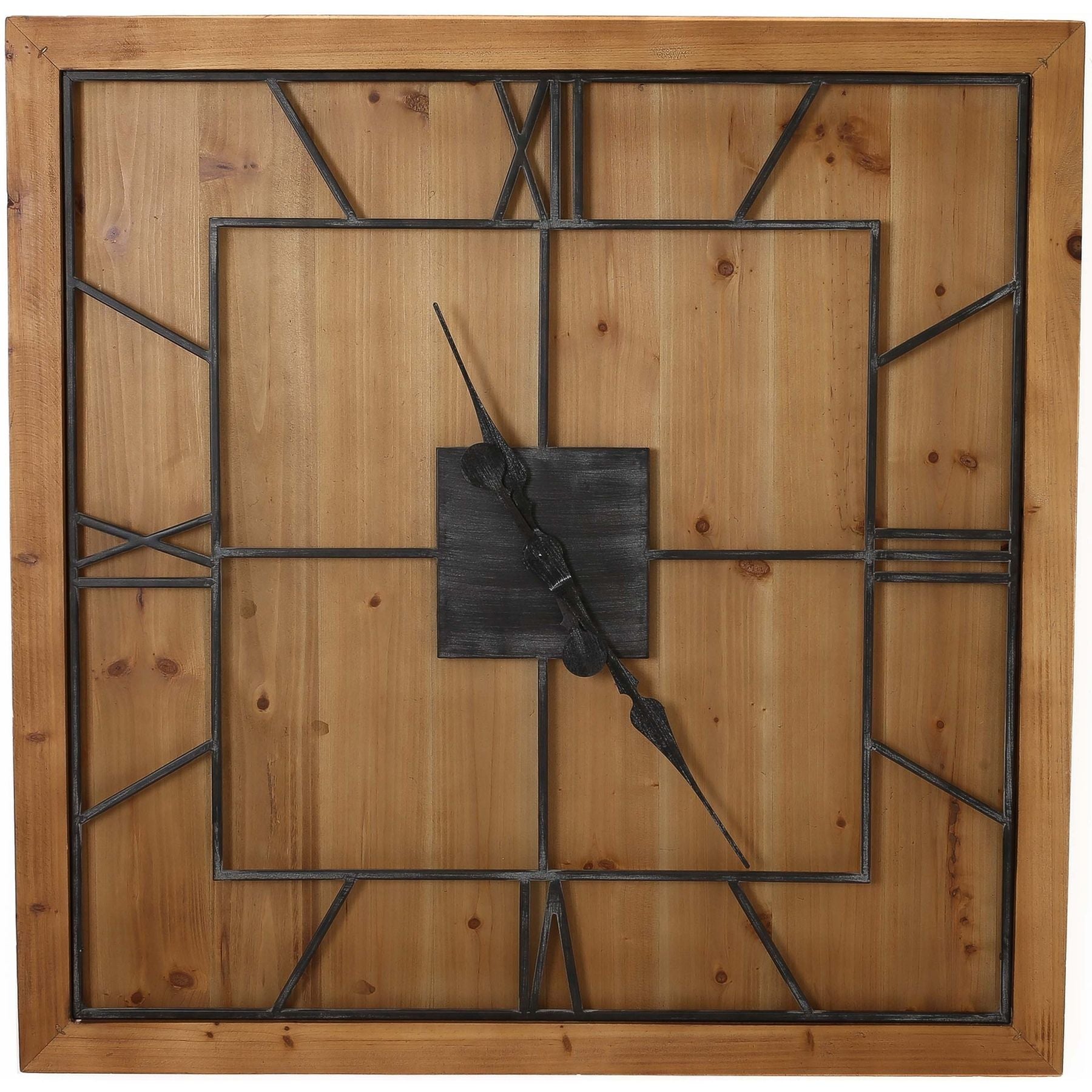 Wooden wall clock with metal frame and Roman numeral accents