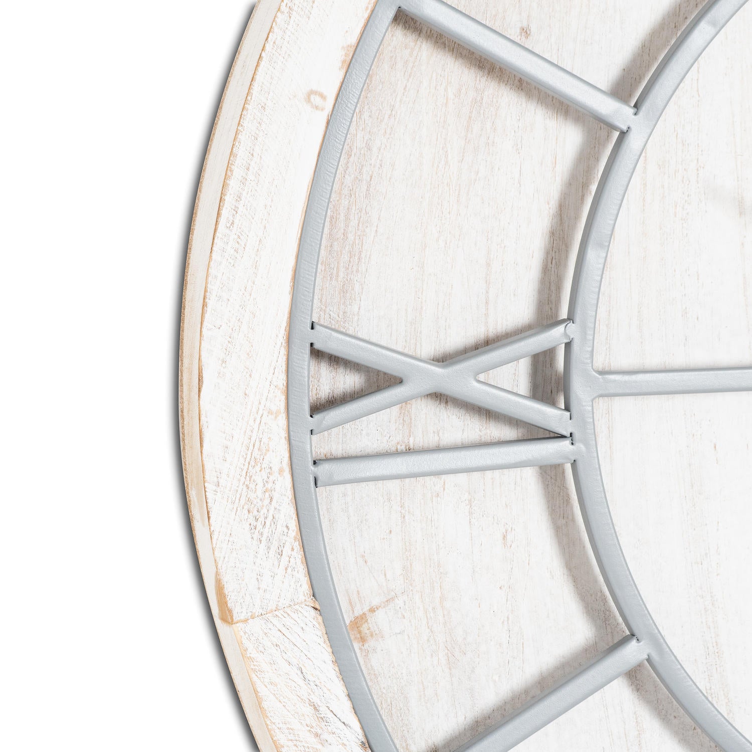 Round wooden clock with metal frame on a white background
