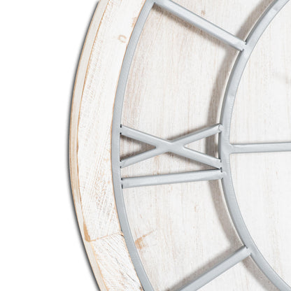 Round wooden clock with metal frame on a white background