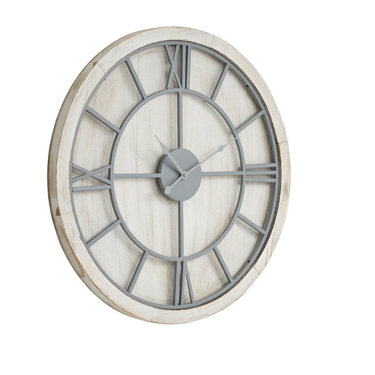 Large round wall clock with a white face and gray metal hands on a white background