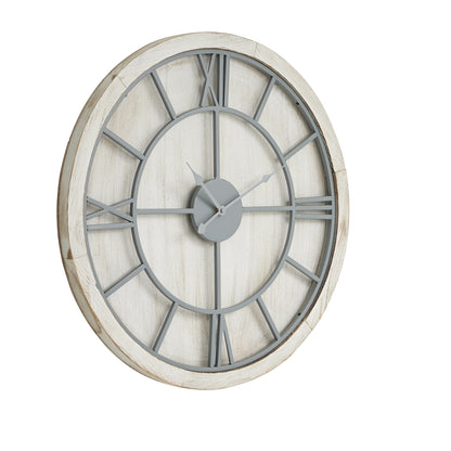 Large round wall clock with a white face and gray metal hands on a white background