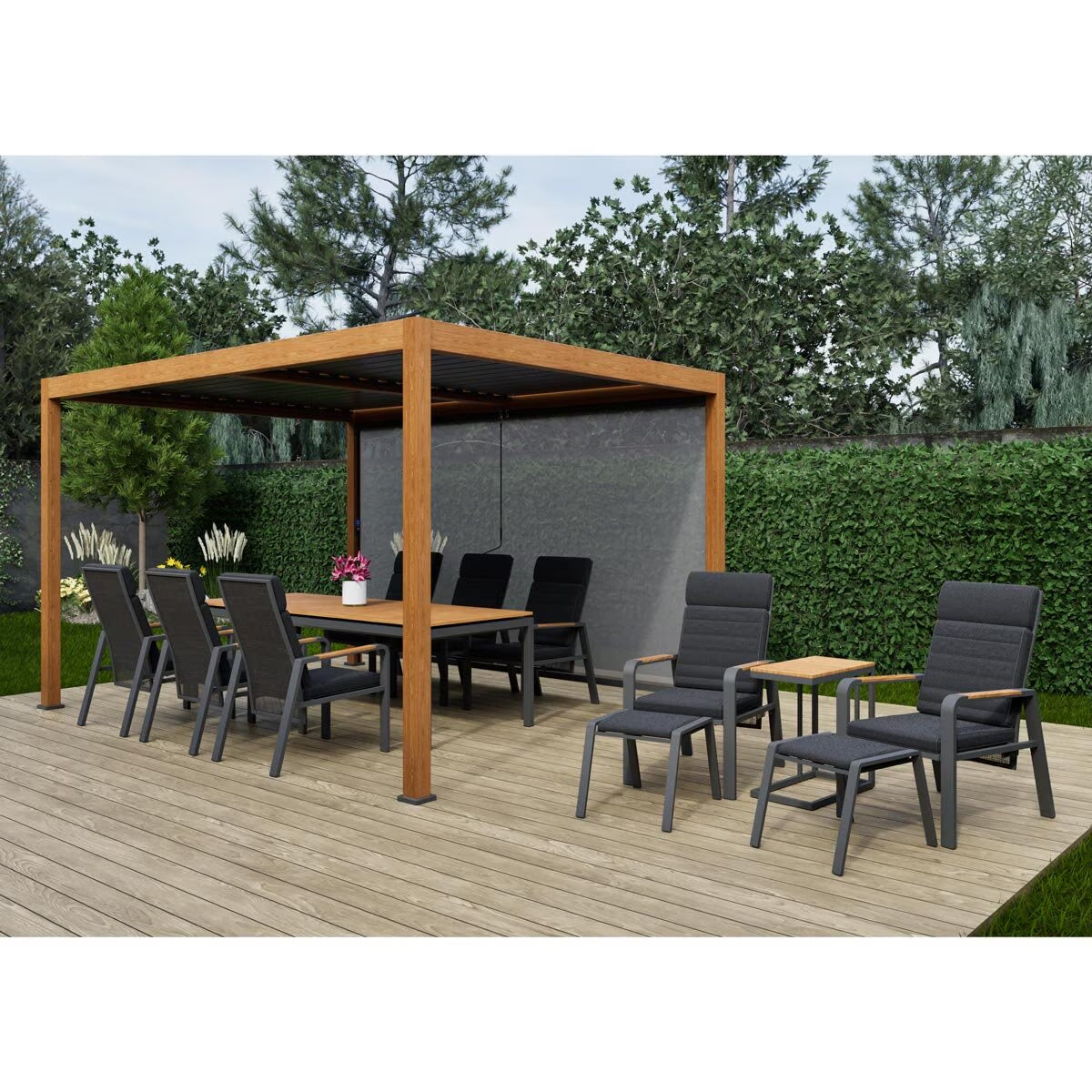 Alvivo 9Ft 8" X 13Ft 3" (3 X 4M) Wood-Look Louvered Aluminium Pergola Bundle with 3 Pull-Down Screens