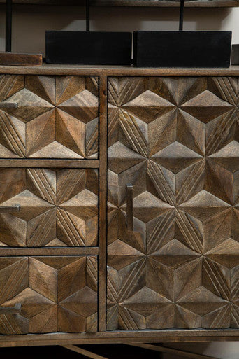 Wooden cabinet with geometric pattern on a neutral background