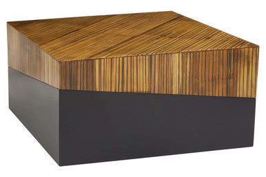 Wooden box with a zebra wood top and black base on a white background