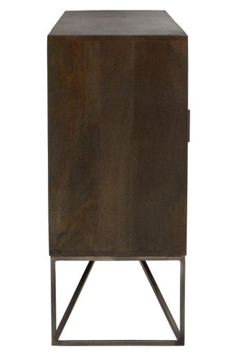 Wooden side table with metal legs on a white background