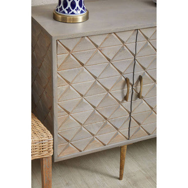 Wooden sideboard with geometric pattern on a light wooden floor