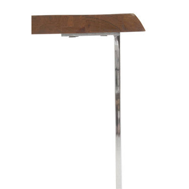 Wooden table with metal base on a white background