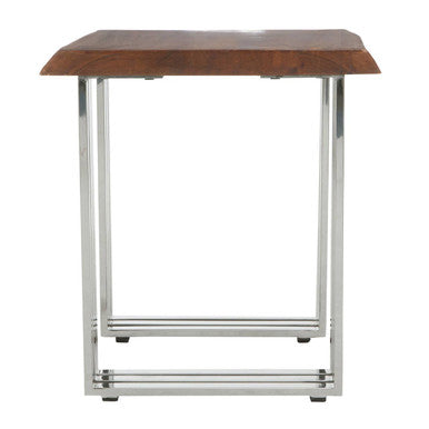 Wooden table with metal legs on a white background