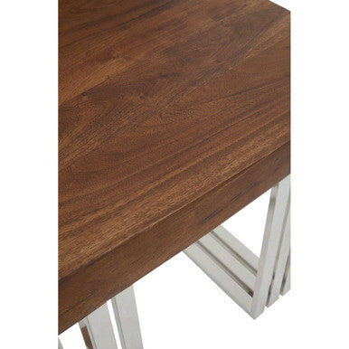 Wooden table with metal legs on a white background