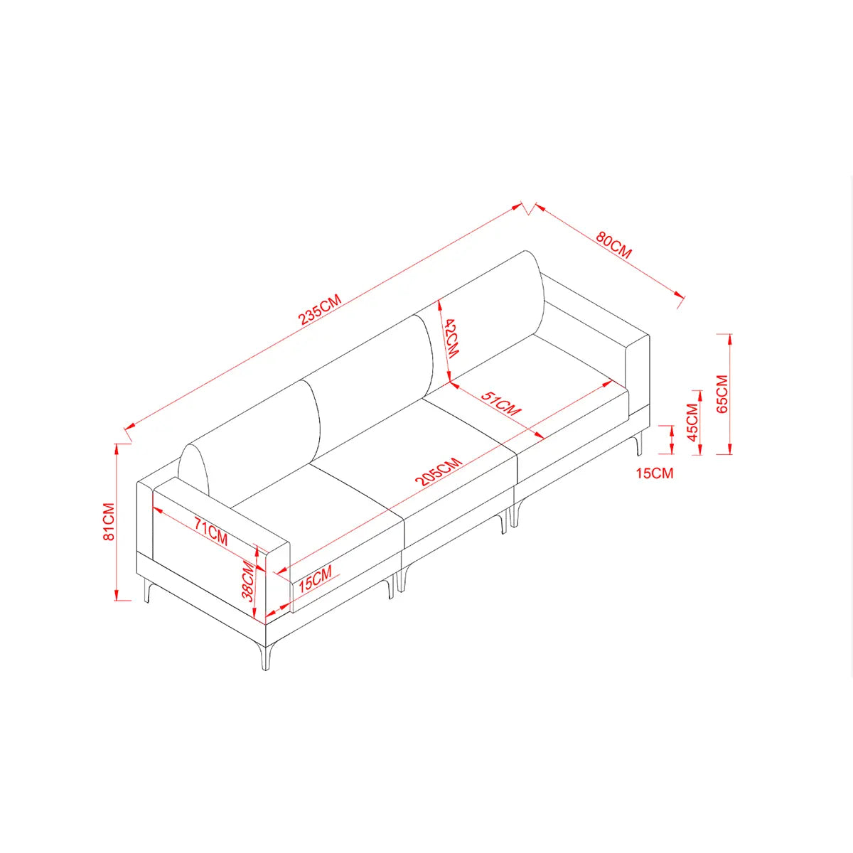 Technical drawing of a sofa with dimensions labeled