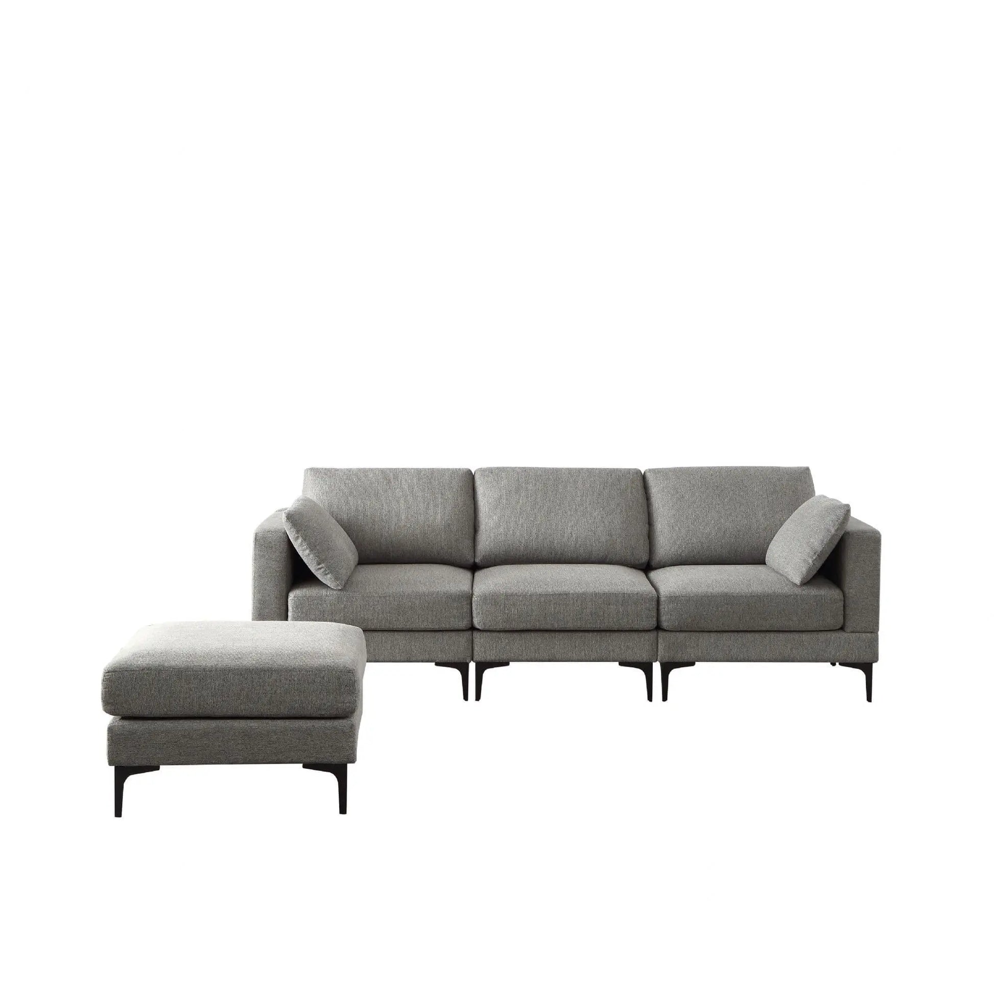 Gray sofa with matching ottoman on a white background