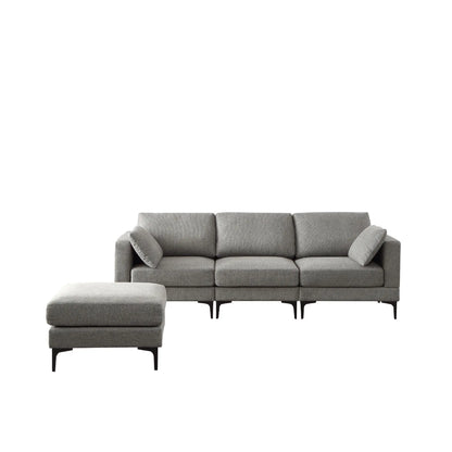 Gray sofa with matching ottoman on a white background
