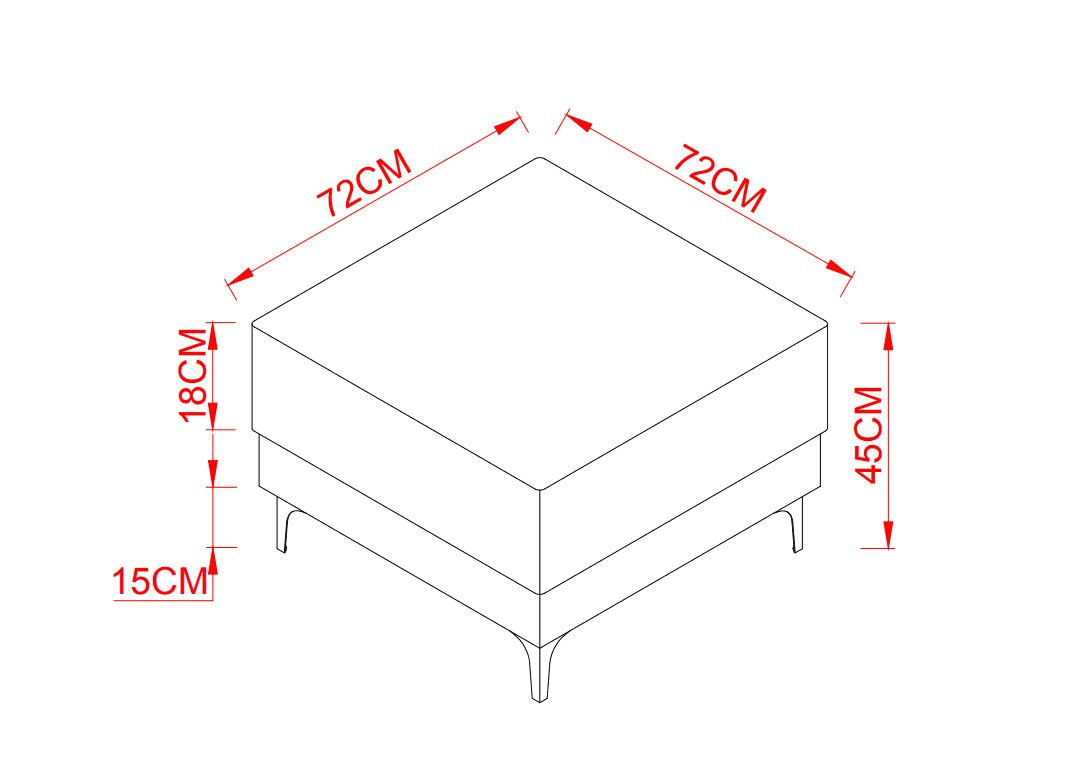 Measurement chart of a square ottoman with dimensions in centimeters.