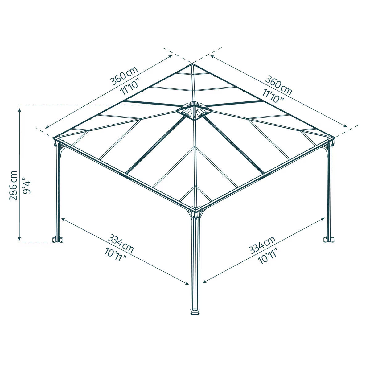 Palram Canopia Palermo 11Ft 9" X 11Ft 9" (3.6 X 3.6M) Aluminium and Polycarbonate Gazebo