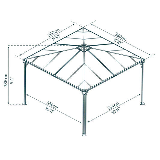 Palram Canopia Palermo 11Ft 9" X 11Ft 9" (3.6 X 3.6M) Aluminium and Polycarbonate Gazebo