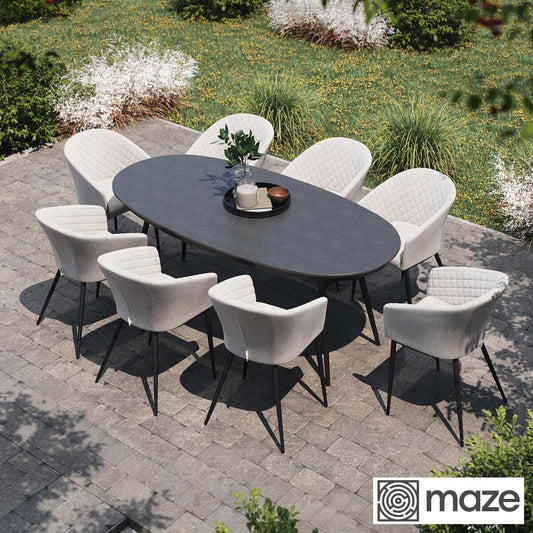 Maze Ambition 9 Piece Oval Dining Patio Set + Cover (In Oatmeal)