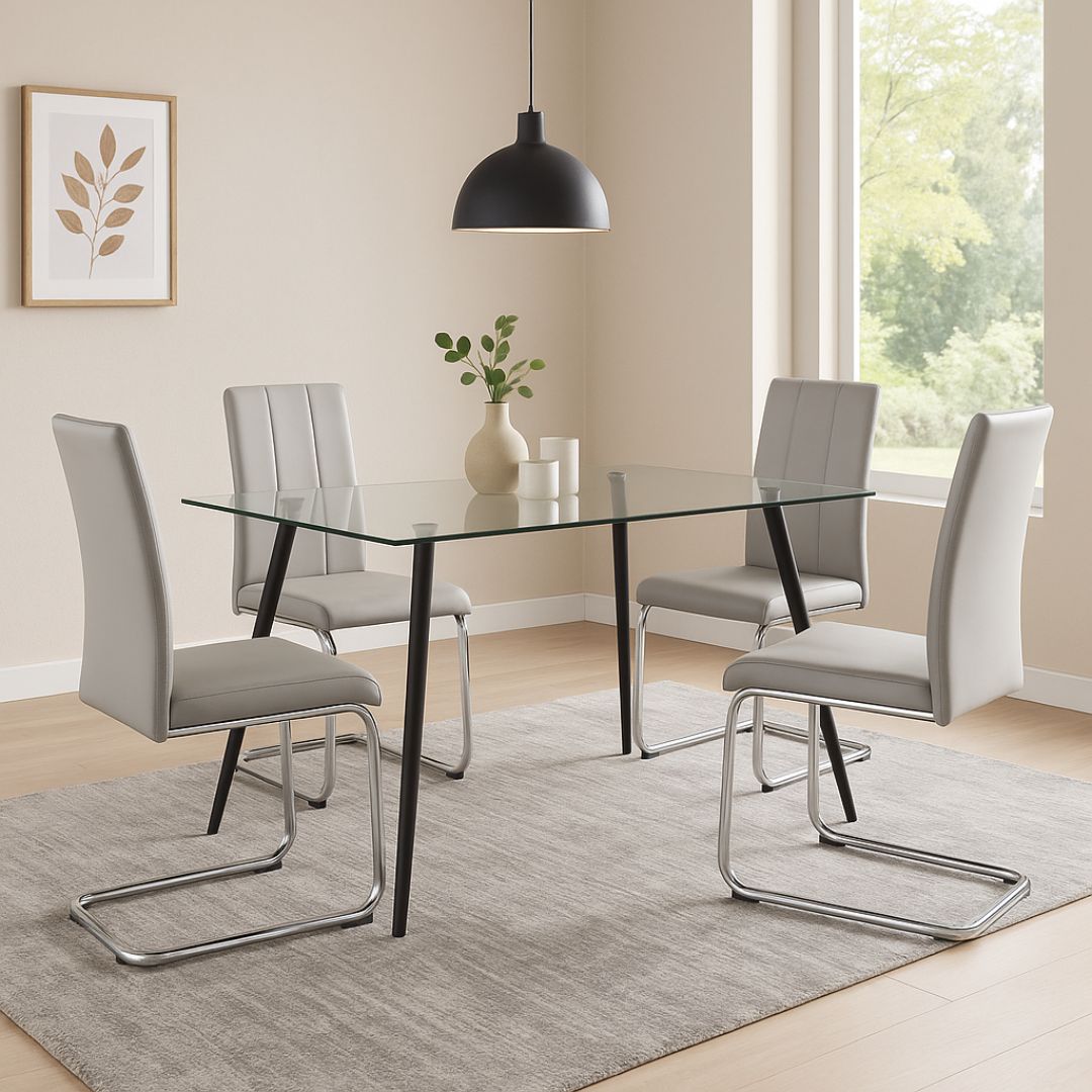 Galaxy Light Grey & Glass 4 Seater Dining Set