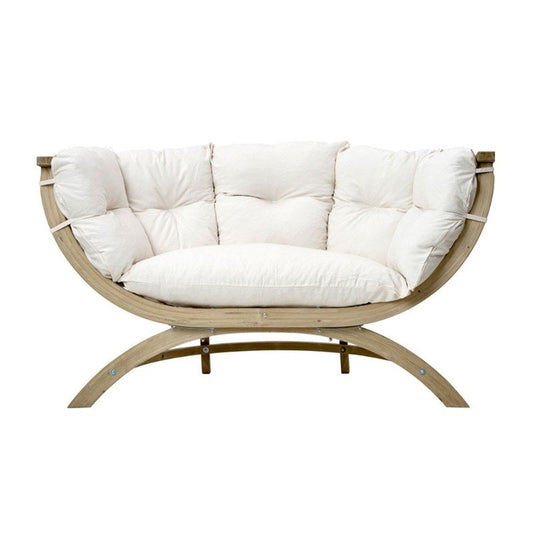 Wooden chair with white cushion on a white background