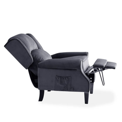 Gray recliner chair with footrest on a white background