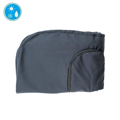 Gray folded blanket with a water droplet and sun icon on a white background