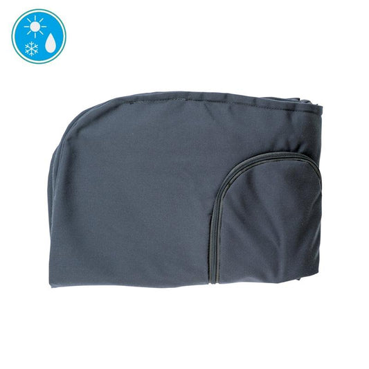 Gray folded blanket with a water droplet and sun icon on a white background