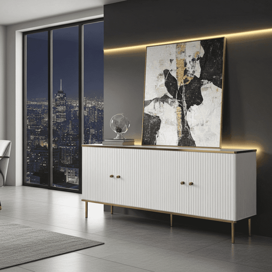 Modern interior with a white sideboard, abstract art, and cityscape view.