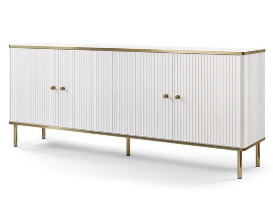 White sideboard with gold legs and trim on a white background