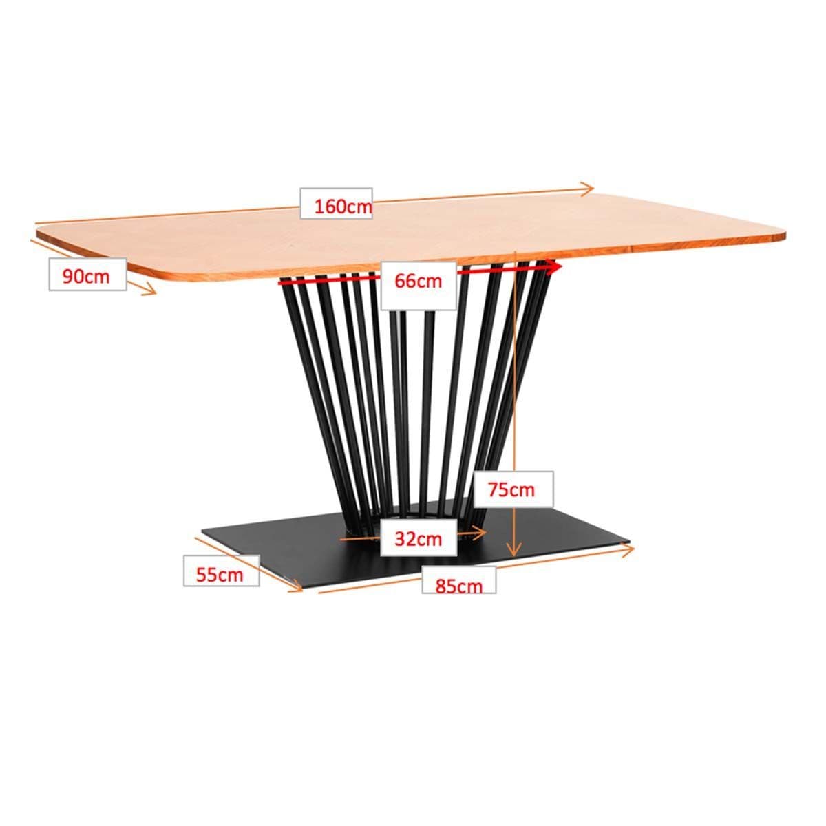 Measurement chart of a table with dimensions labeled on a white background