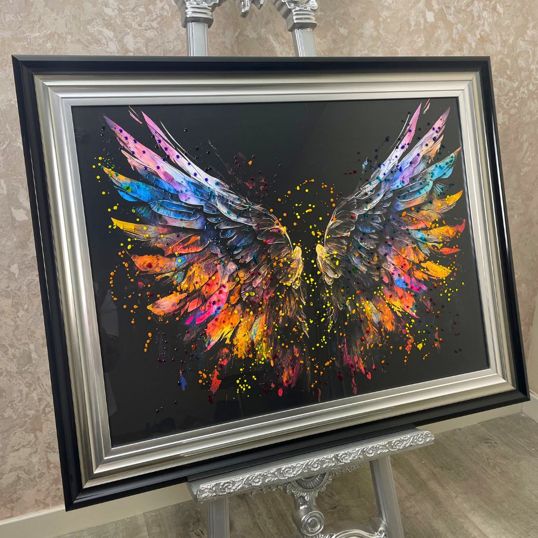 Rainbow Angel Wings Wall Art with Black Frame