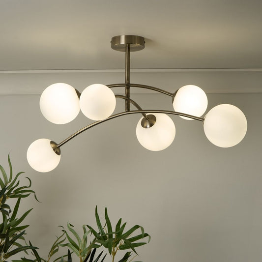 Ellison 6 Light Antique Brass & Frosted Glass Flush Ceiling Light