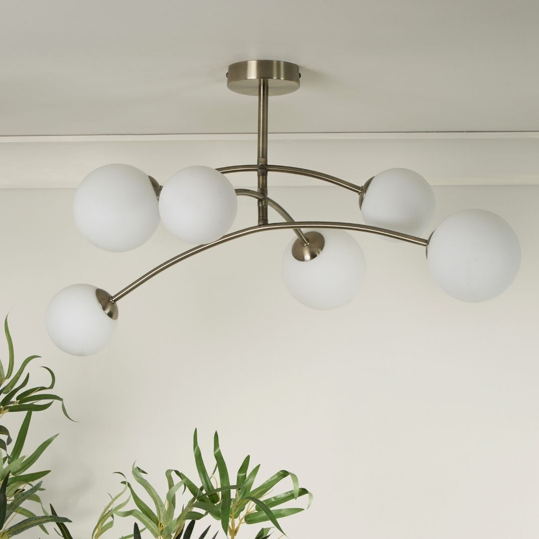 Ellison 6 Light Antique Brass & Frosted Glass Flush Ceiling Light