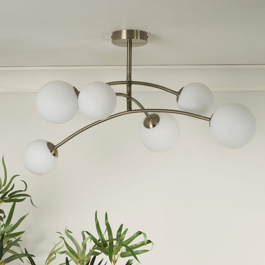 Ellison 6 Light Antique Brass & Frosted Glass Flush Ceiling Light