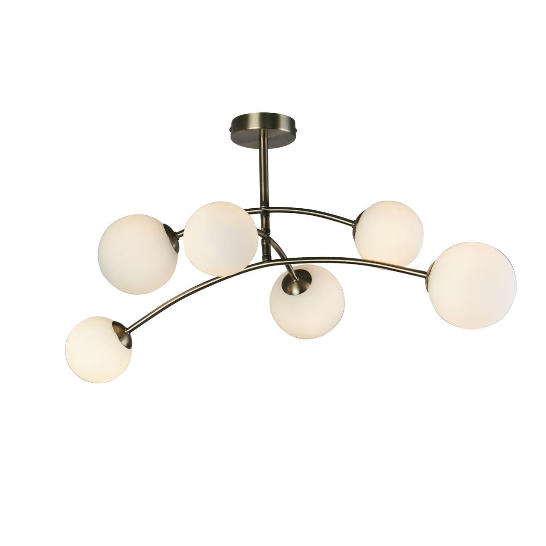 Ellison 6 Light Antique Brass & Frosted Glass Flush Ceiling Light