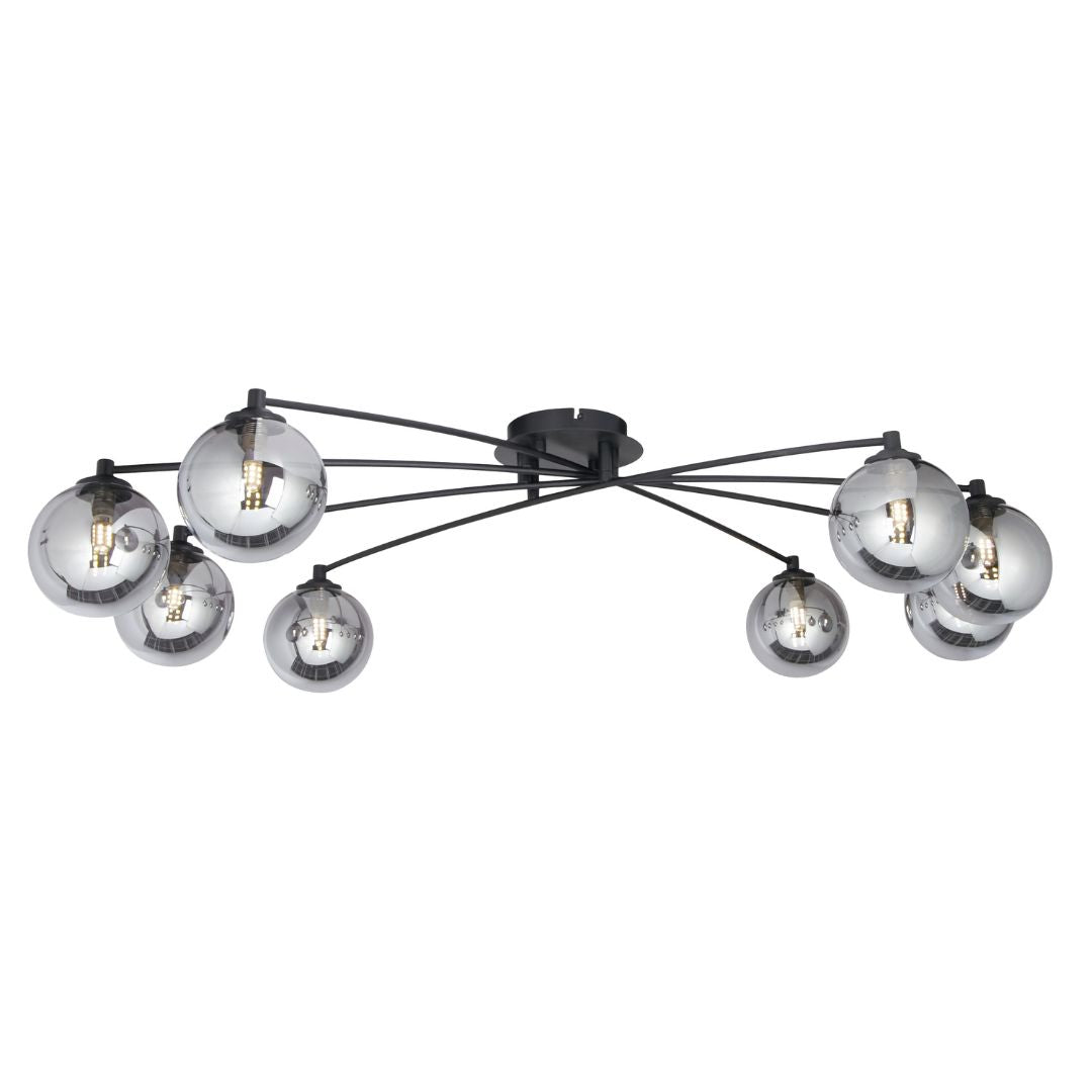 Navarro 8 Light Black & Smoked Glass Semi Flush Ceiling Light