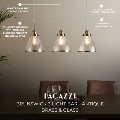 Brunswick 3 Light Antique Brass & Glass Ceiling Pendant Bar