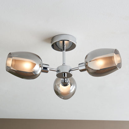 Hayden 3 Light Silver and Smoked Glass Semi Flush Ceiling Light