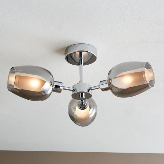 Hayden 3 Light Silver and Smoked Glass Semi Flush Ceiling Light
