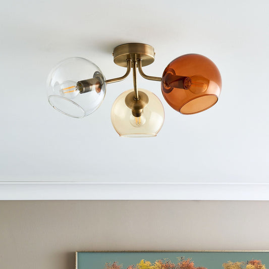 Branco 3 Light Antique Brass Semi Flush Ceiling Light