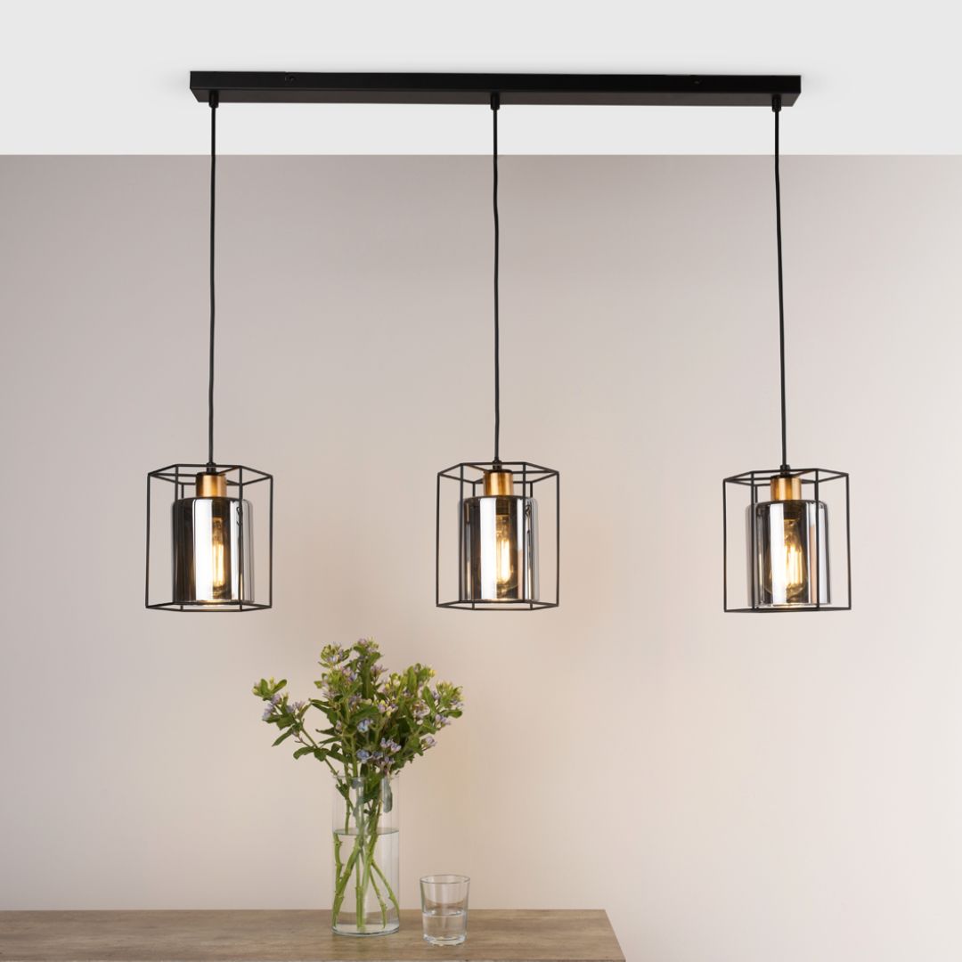 Sabrina 3 Light Black and Smoked Glass Ceiling Pendant Bar