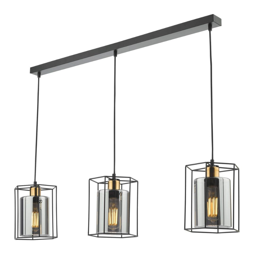 Sabrina 3 Light Black and Smoked Glass Ceiling Pendant Bar