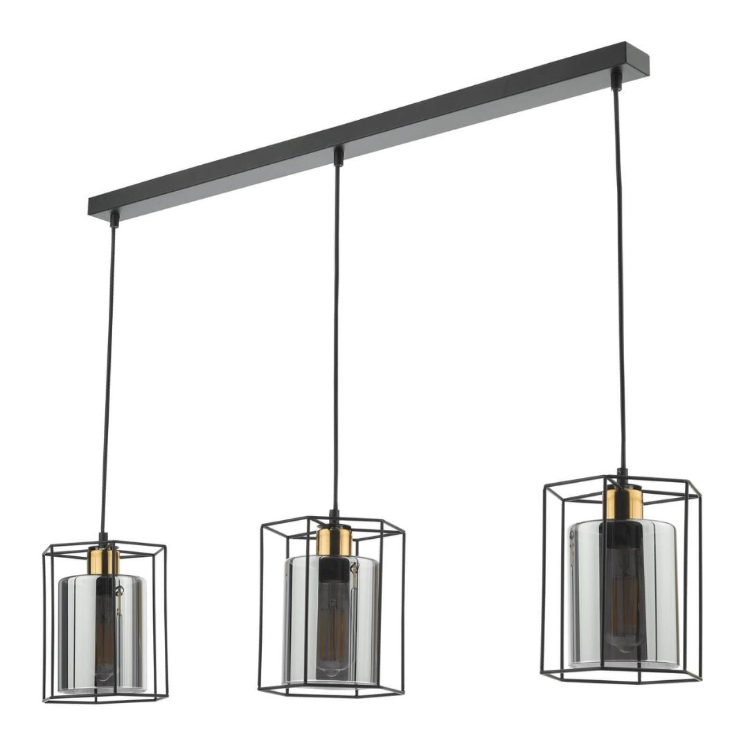Sabrina 3 Light Black and Smoked Glass Ceiling Pendant Bar