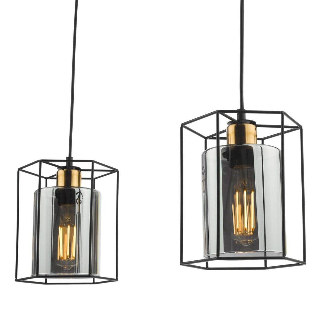 Sabrina 3 Light Black and Smoked Glass Ceiling Pendant Bar