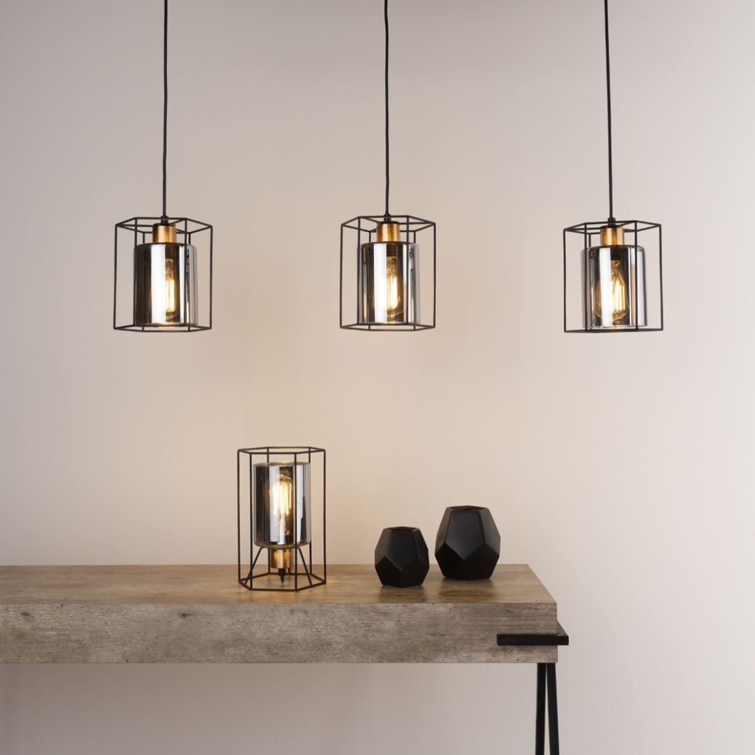 Sabrina 3 Light Black and Smoked Glass Ceiling Pendant Bar