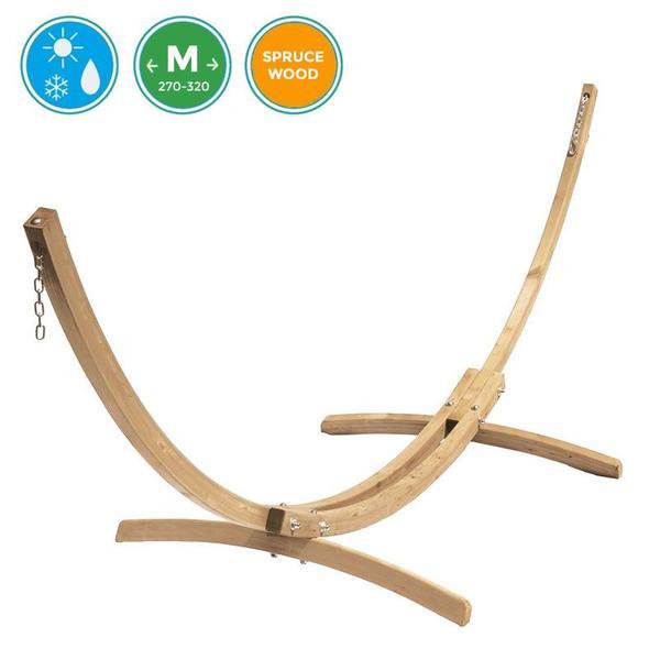 Wooden hammock stand on a white background with icons indicating material and size.