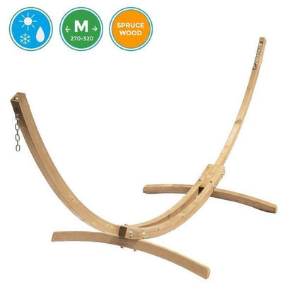 Wooden hammock stand on a white background with icons indicating material and size.