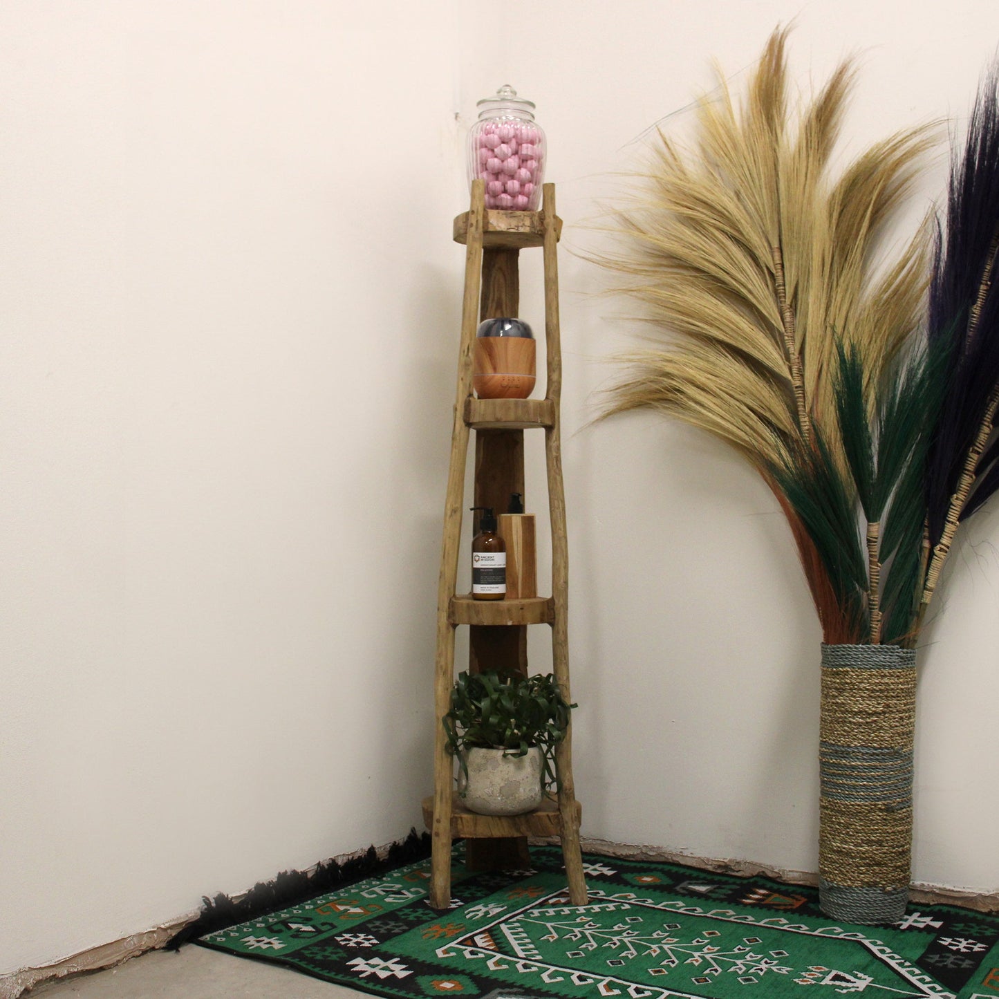 Wooden ladder shelf with decorative items against a white wall, featuring a plant and a large dried plant.