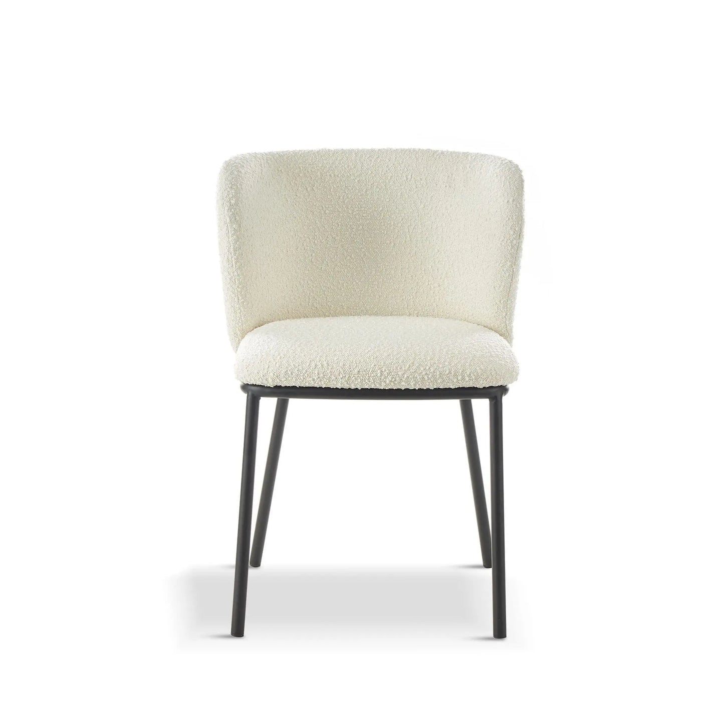 White upholstered chair with black legs on a white background