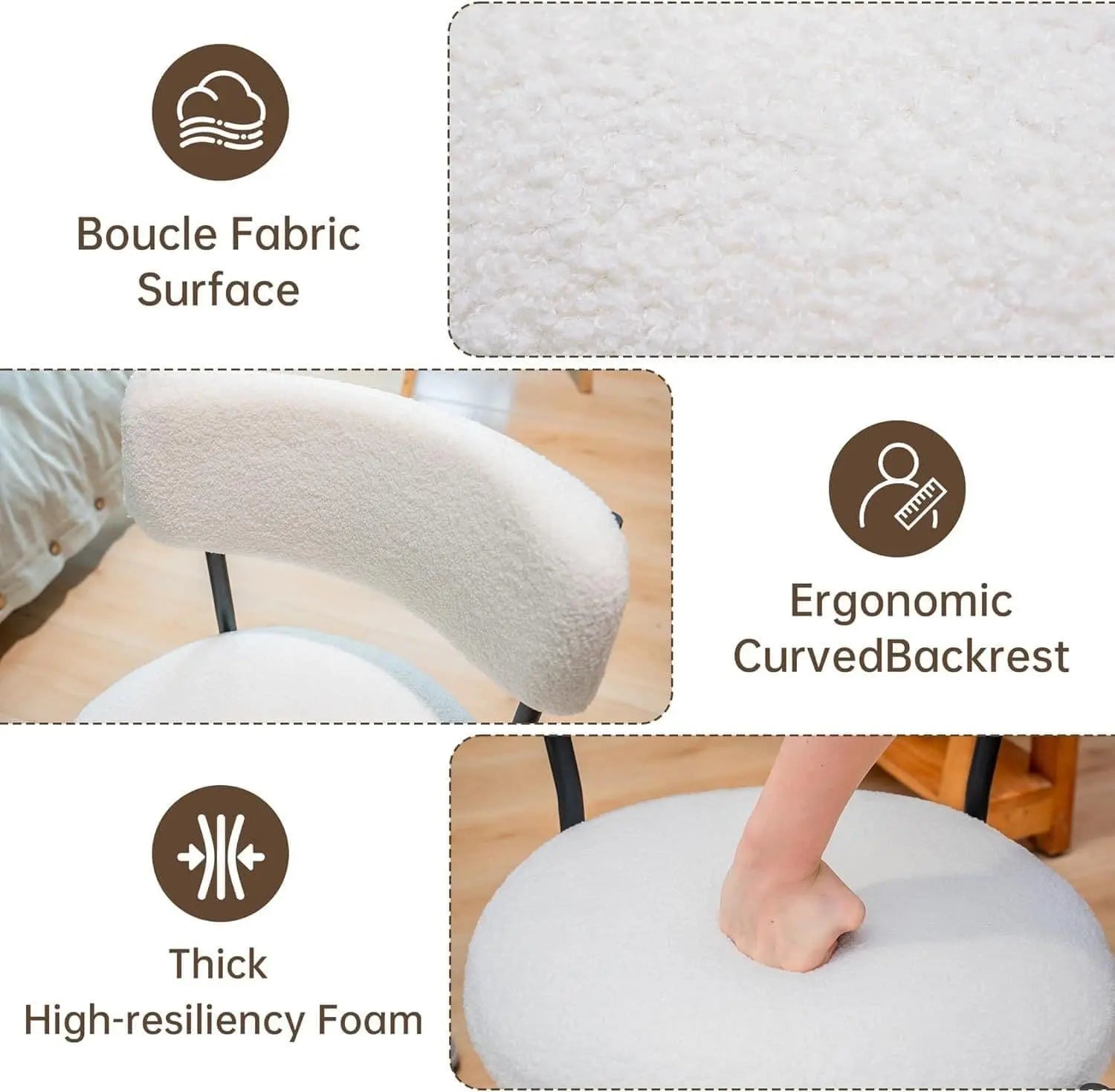 Stool with boucle fabric surface, ergonomic curved backrest, and thick high-resiliency foam features.